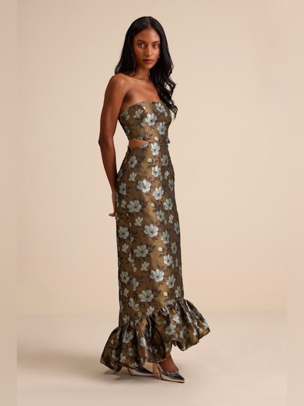 NWT Nathania Olive Floral Jacquard Strapless Bubble-Hem Maxi Dress